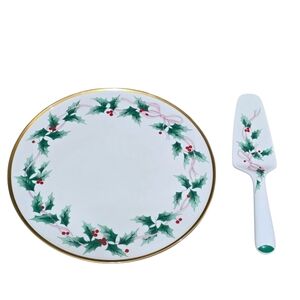 Mikasa Festive Ribbon Holly Plate and Server Set
